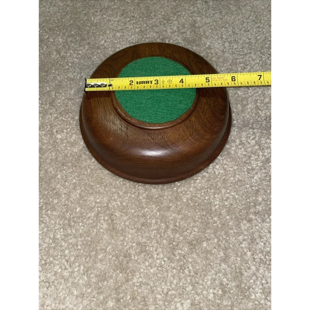 Vintage Solid Wood Round Decorative Bowl 7 Inch Green Felt Bottom Catchall Brown